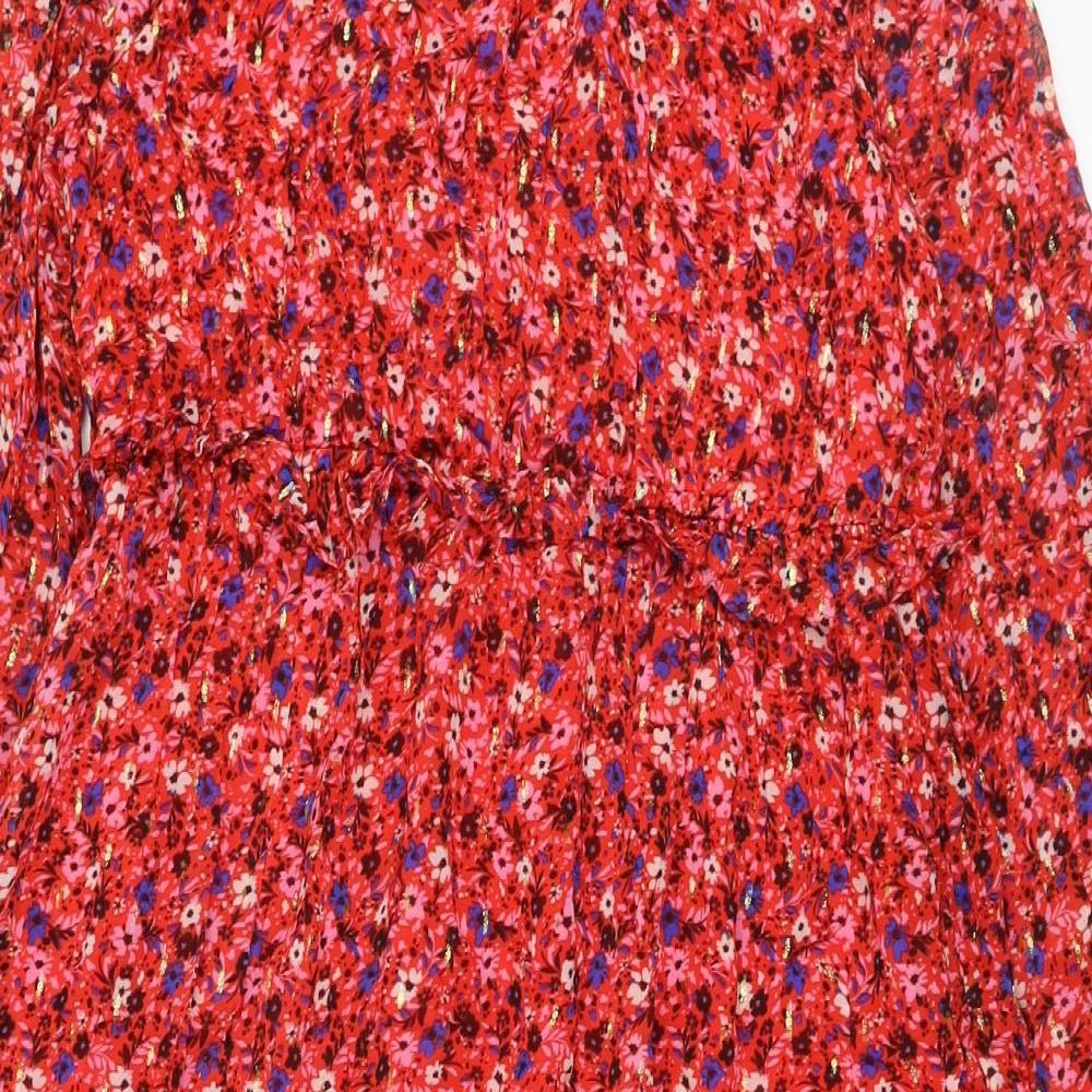 Marks and Spencer Womens Red Floral Viscose A-Line Size 16 Round Neck Tie
