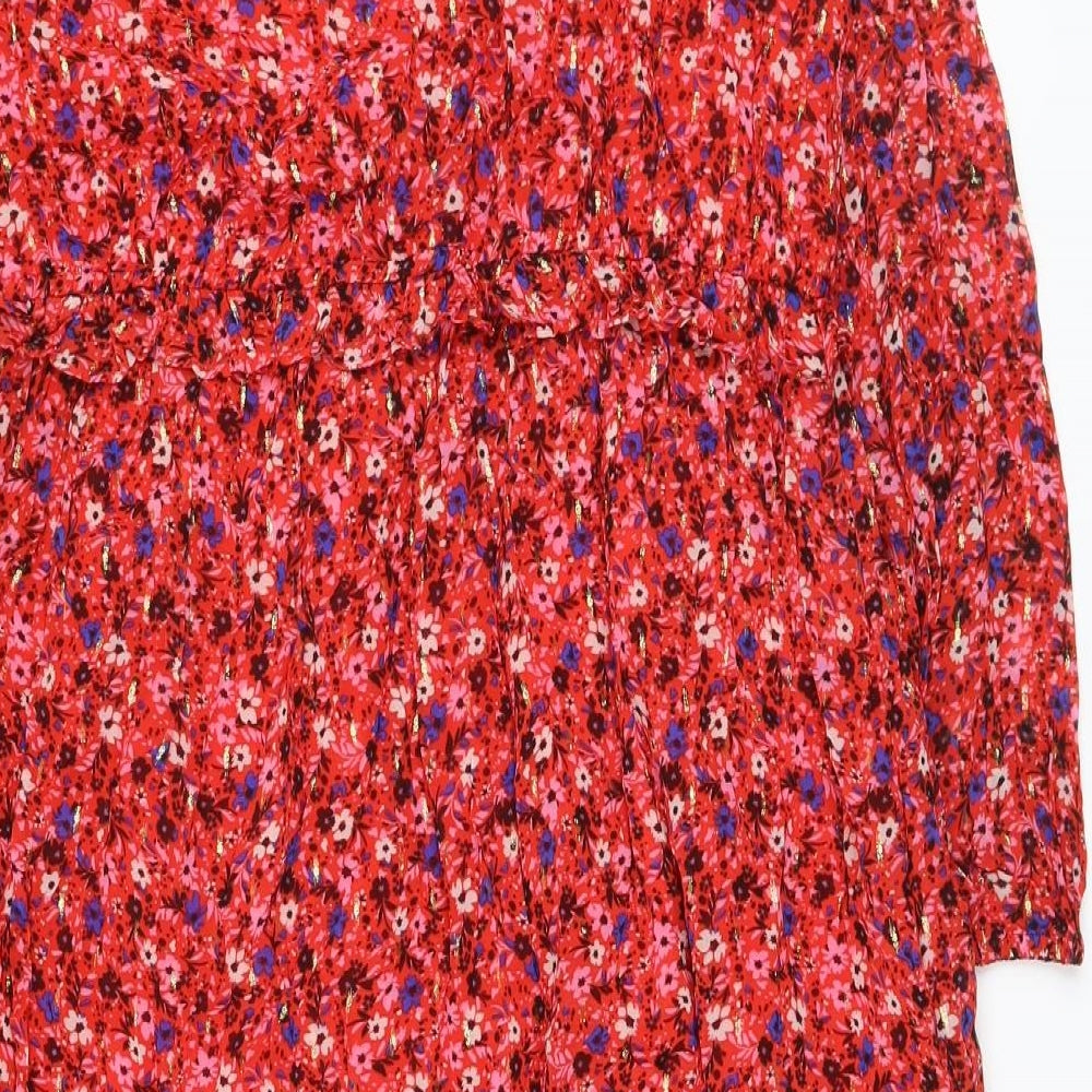 Marks and Spencer Womens Red Floral Viscose A-Line Size 16 Round Neck Tie