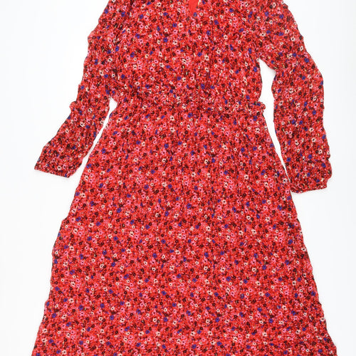 Marks and Spencer Womens Red Floral Viscose A-Line Size 10 Round Neck Tie