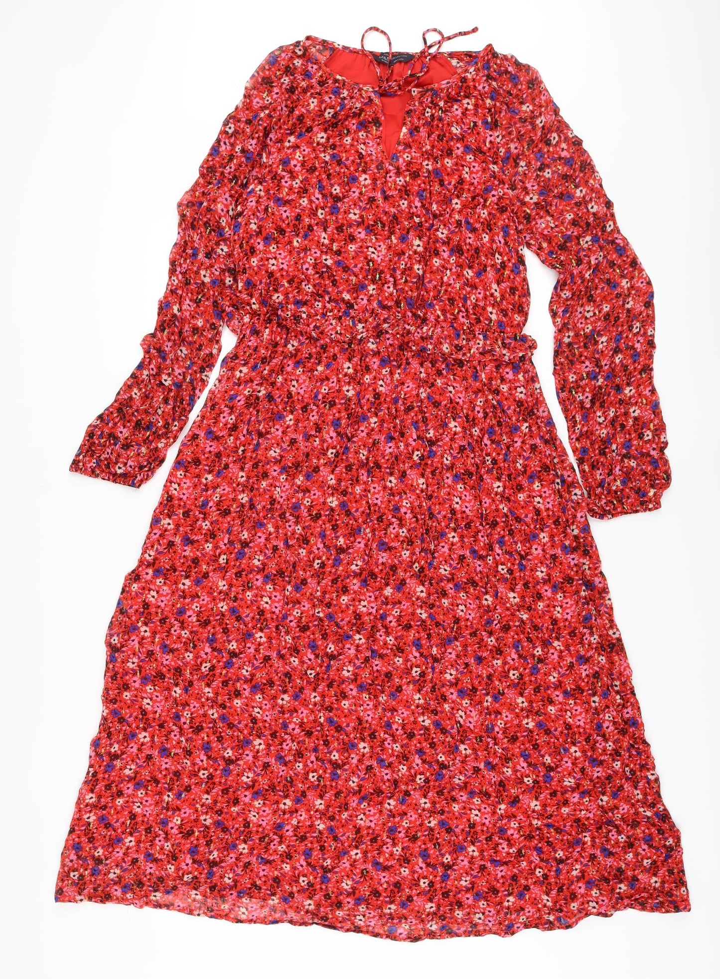 Marks and Spencer Womens Red Floral Viscose A-Line Size 10 Round Neck Tie