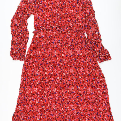 Marks and Spencer Womens Red Floral Viscose A-Line Size 10 Round Neck Tie