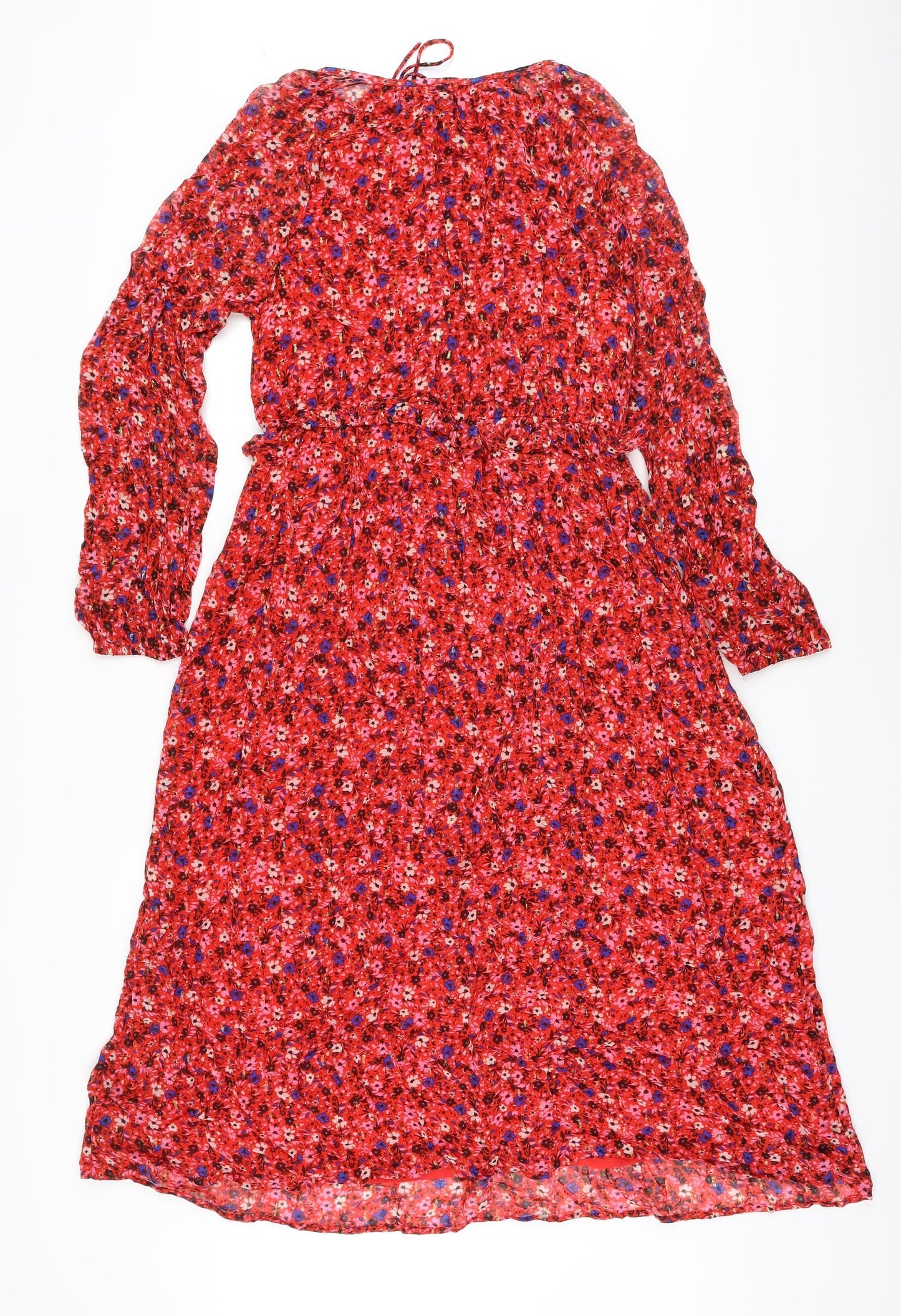 Marks and Spencer Womens Red Floral Viscose A-Line Size 10 Round Neck Tie