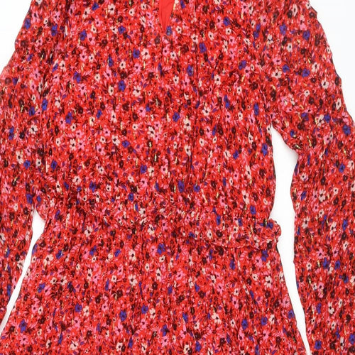 Marks and Spencer Womens Red Floral Viscose A-Line Size 10 Round Neck Tie