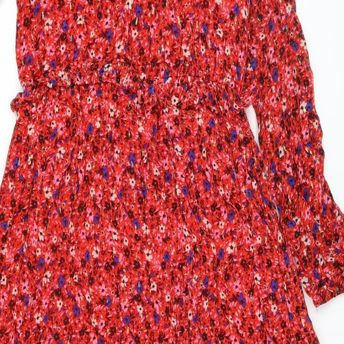 Marks and Spencer Womens Red Floral Viscose A-Line Size 10 Round Neck Tie