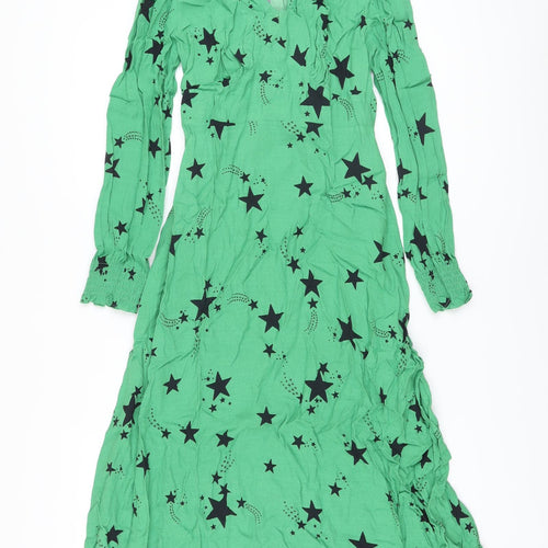 Marks and Spencer Womens Green Geometric Viscose A-Line Size 12 V-Neck Zip