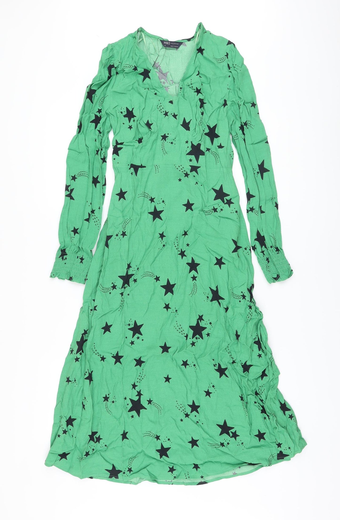 Marks and Spencer Womens Green Geometric Viscose A-Line Size 12 V-Neck Zip