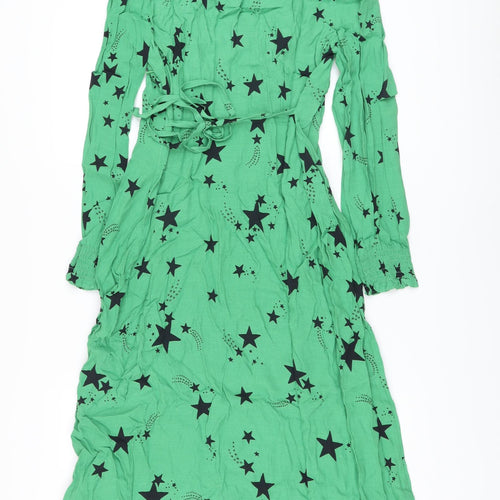 Marks and Spencer Womens Green Geometric Viscose A-Line Size 12 V-Neck Zip