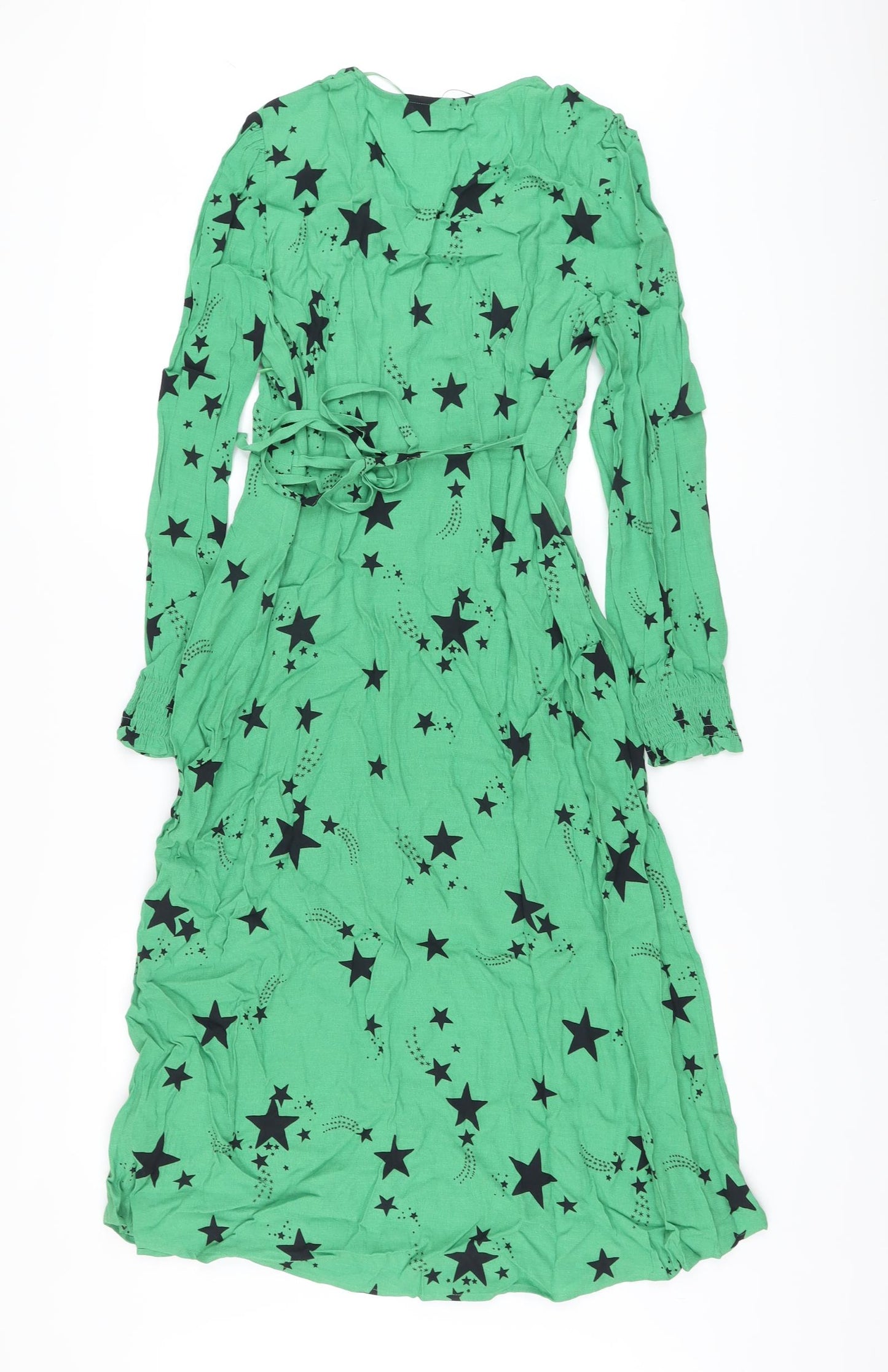 Marks and Spencer Womens Green Geometric Viscose A-Line Size 12 V-Neck Zip
