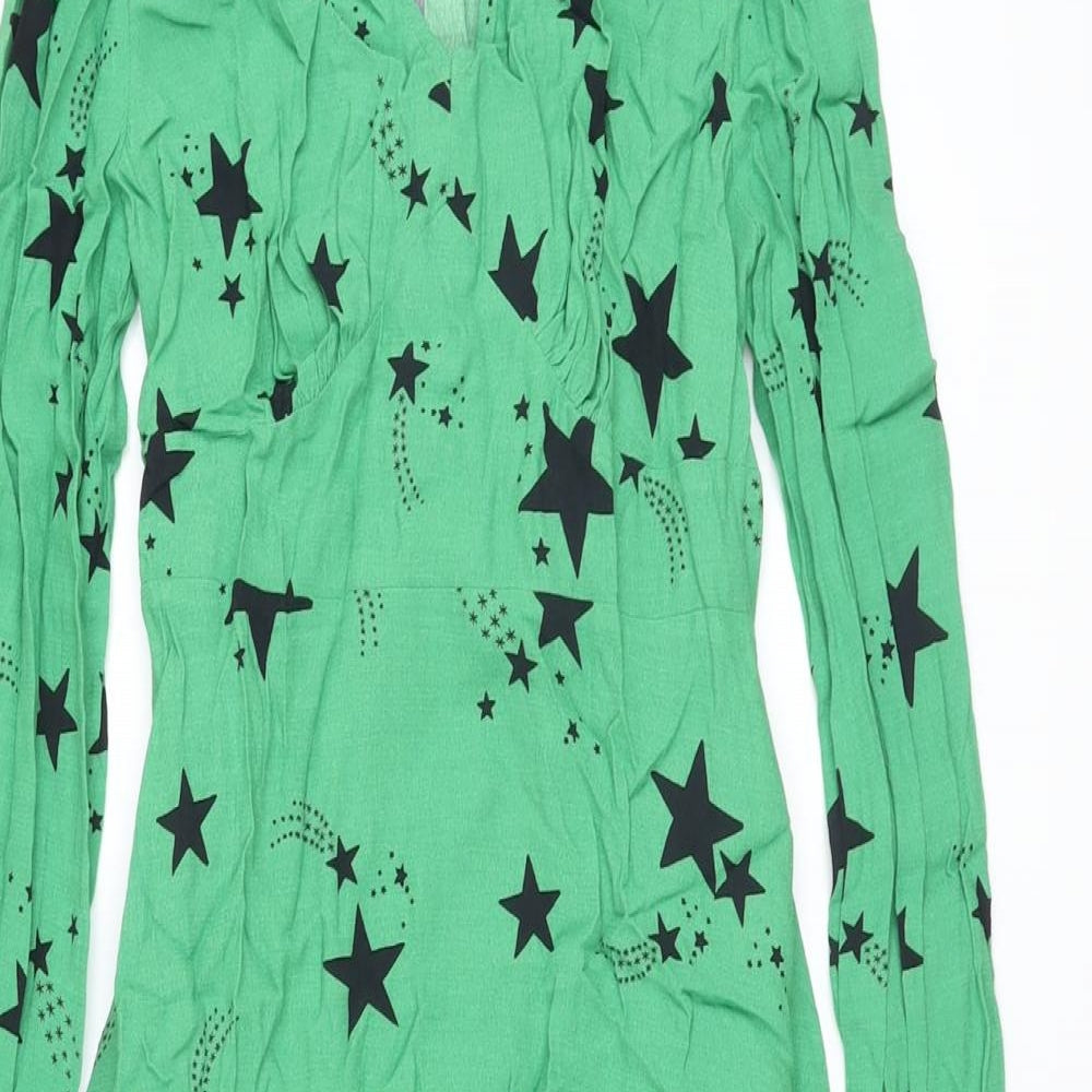 Marks and Spencer Womens Green Geometric Viscose A-Line Size 12 V-Neck Zip