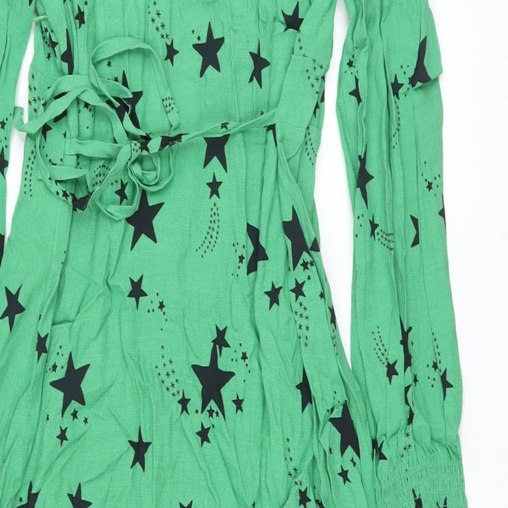 Marks and Spencer Womens Green Geometric Viscose A-Line Size 12 V-Neck Zip