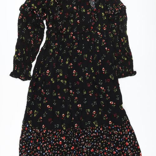 Marks and Spencer Womens Black Floral Viscose A-Line Size 10 Round Neck Tie