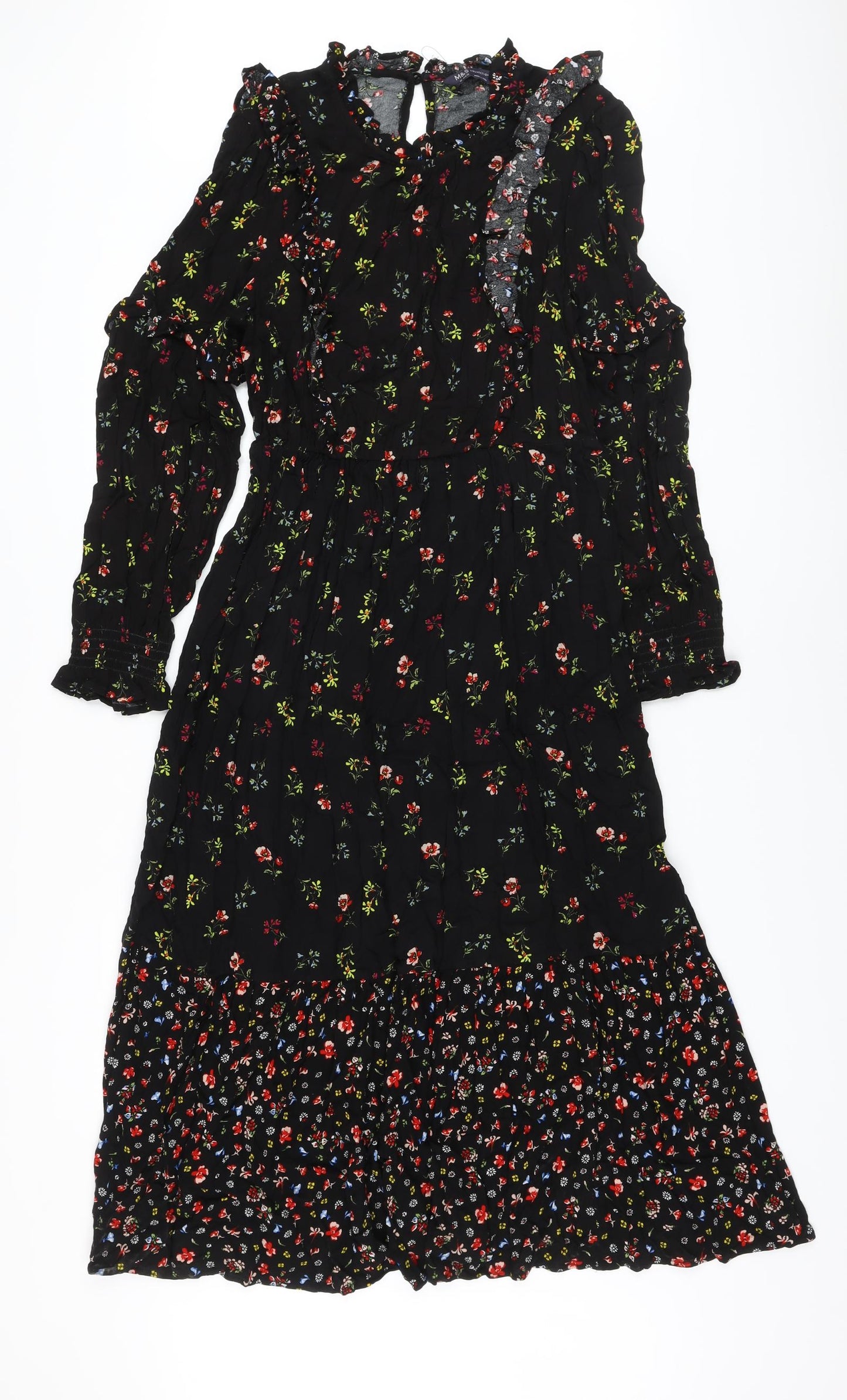 Marks and Spencer Womens Black Floral Viscose A-Line Size 10 Round Neck Tie