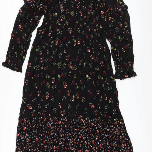 Marks and Spencer Womens Black Floral Viscose A-Line Size 10 Round Neck Tie