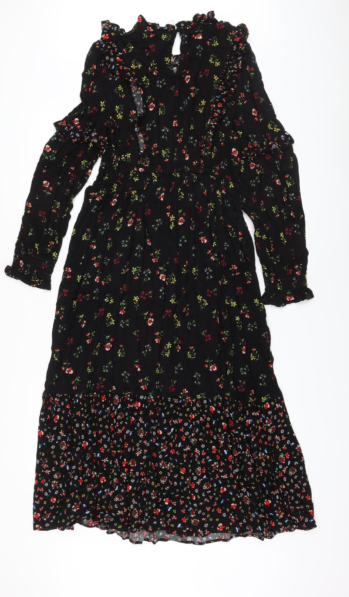 Marks and Spencer Womens Black Floral Viscose A-Line Size 10 Round Neck Tie