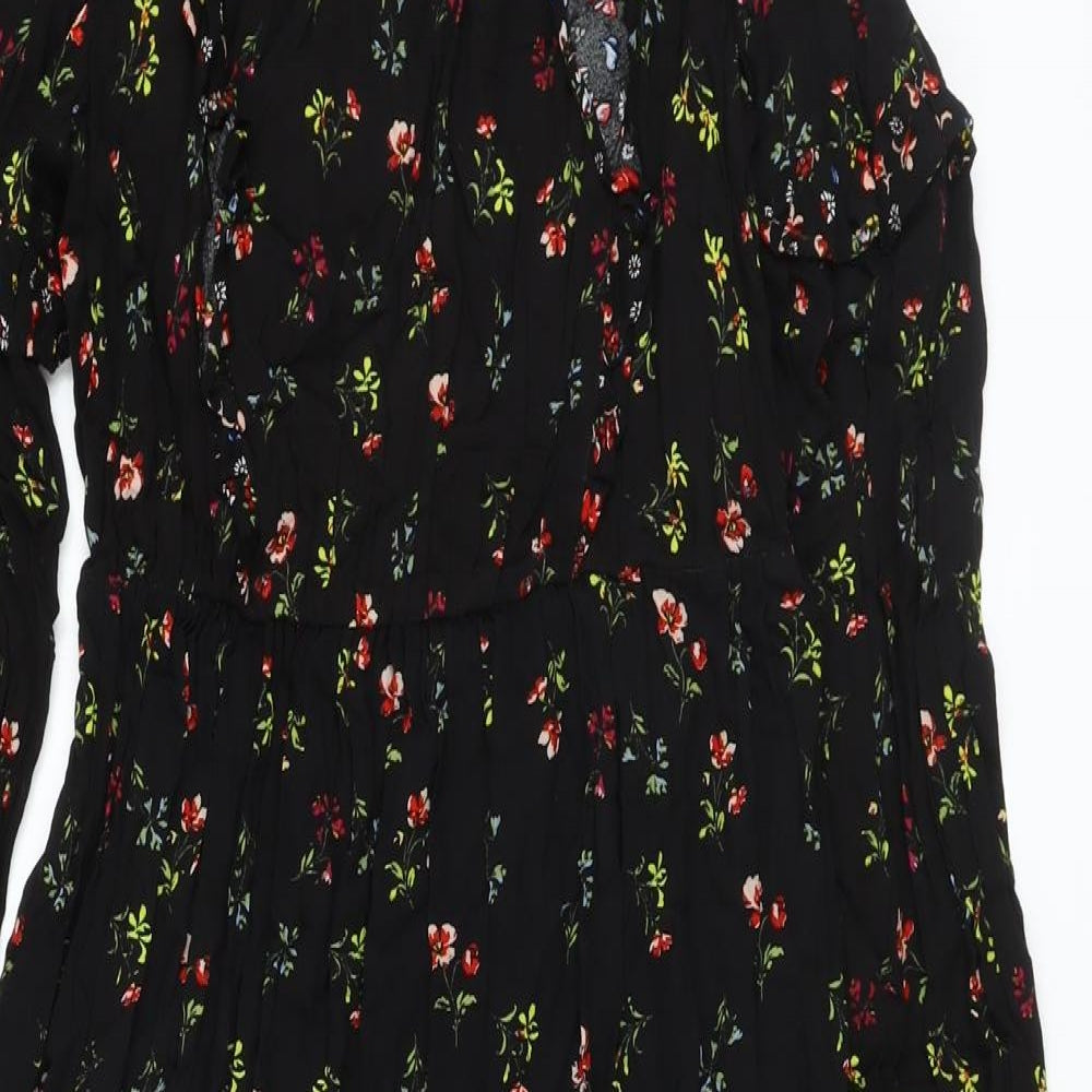 Marks and Spencer Womens Black Floral Viscose A-Line Size 10 Round Neck Tie