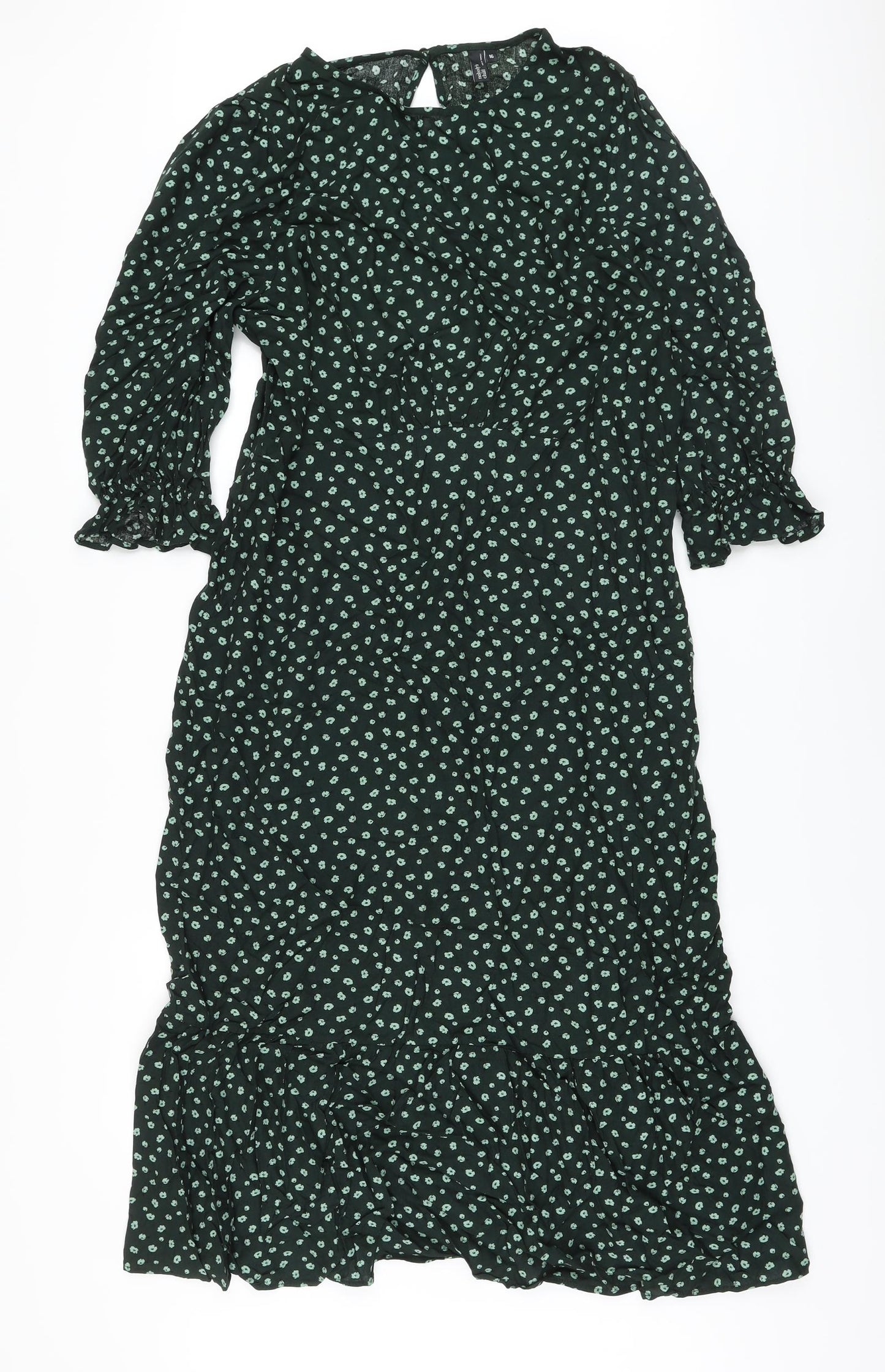 Nobody's Child Womens Green Floral Viscose A-Line Size 16 Round Neck Button