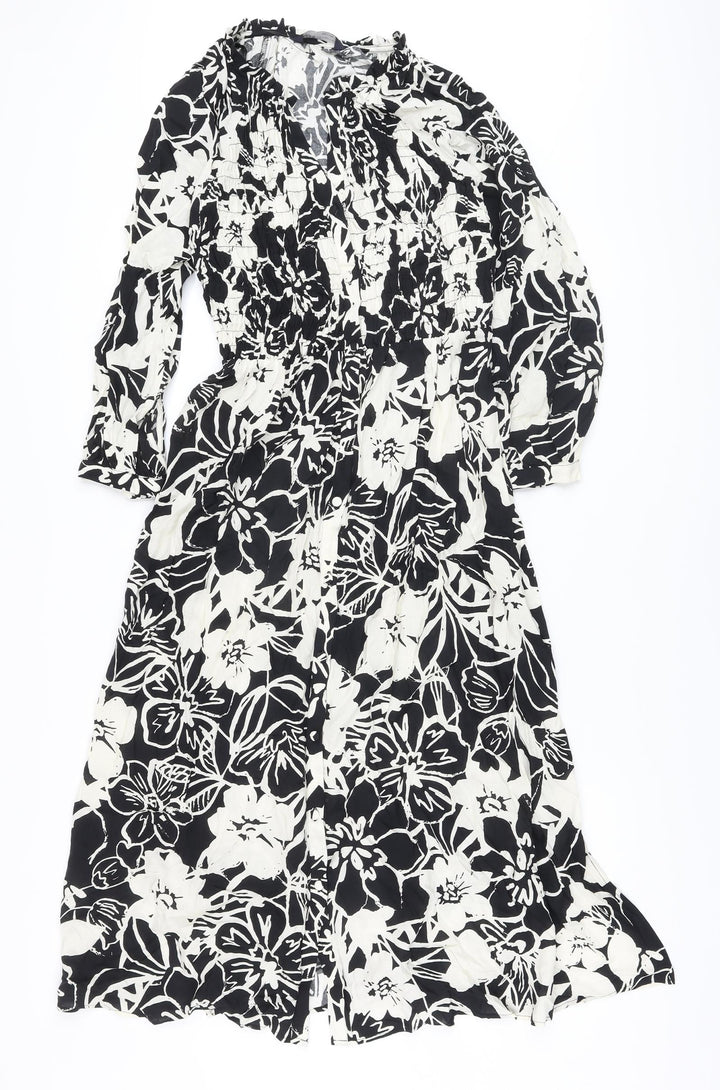 Marks and Spencer Womens Beige Floral Viscose A-Line Size 8 V-Neck Button
