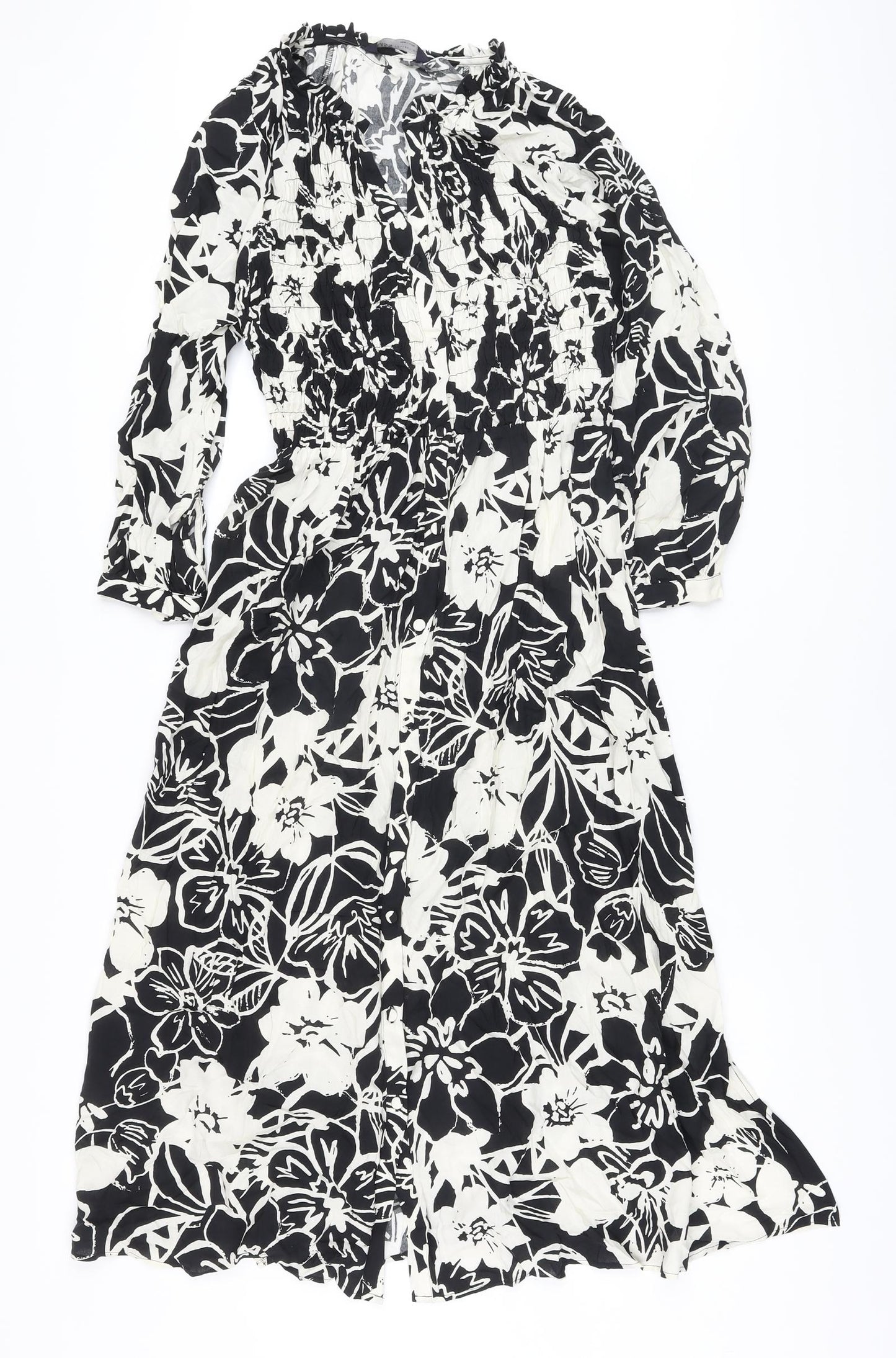 Marks and Spencer Womens Beige Floral Viscose A-Line Size 8 V-Neck Button