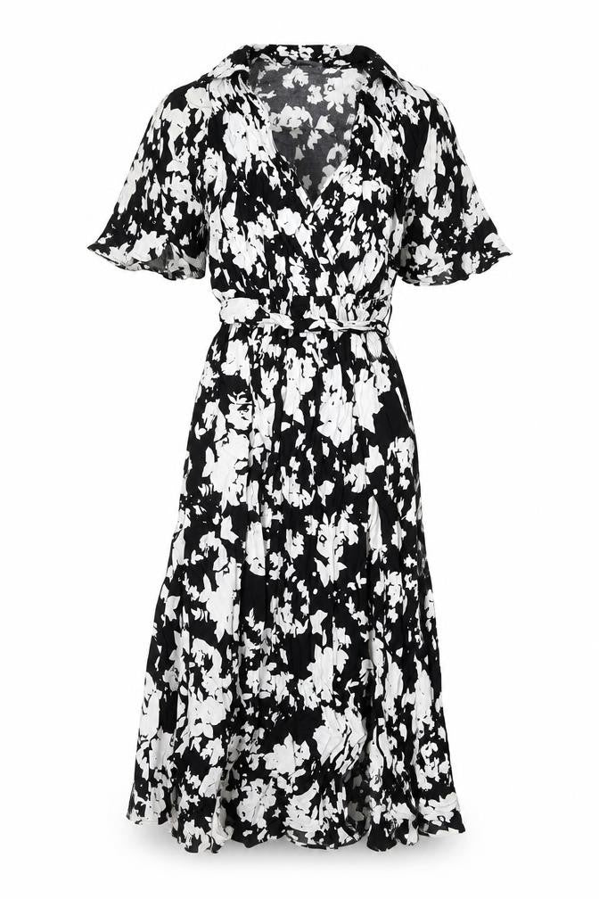 Front view of Marks & Spencer women’s black geometric viscose a-line, size UK 8, v-neck pullover