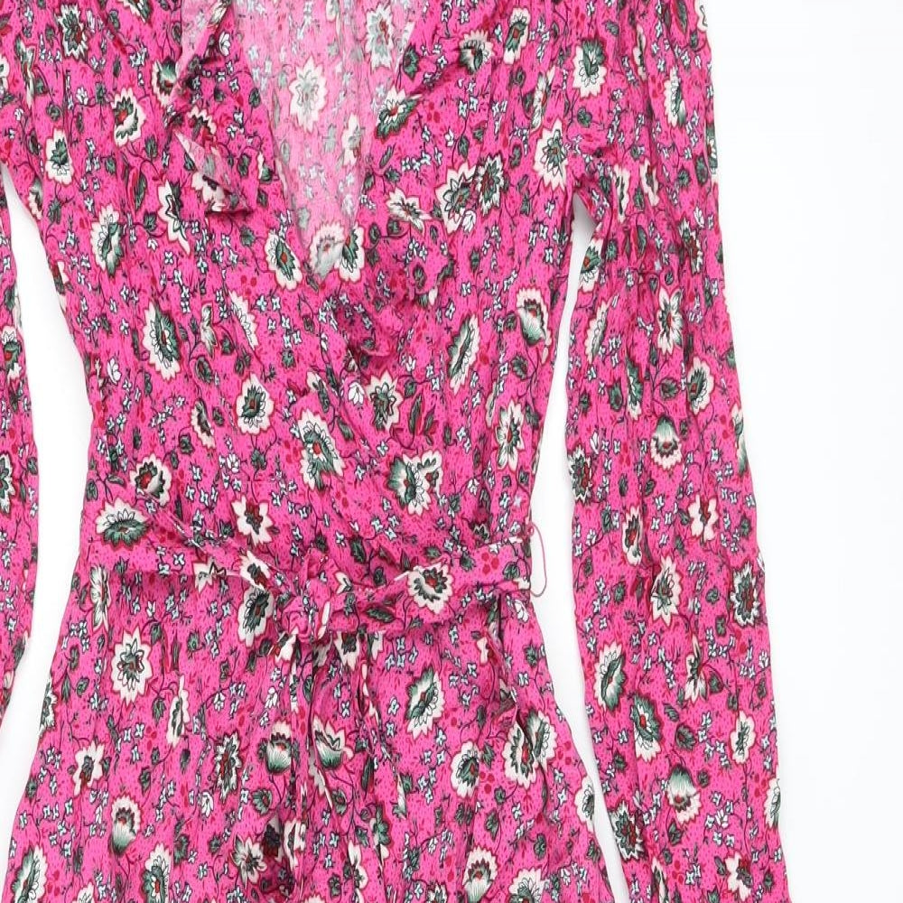 Per Una Womens Pink Floral Viscose A-Line Size 10 V-Neck Zip