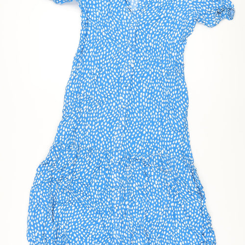 Marks and Spencer Womens Blue Geometric Viscose A-Line Size 8 Collared Button
