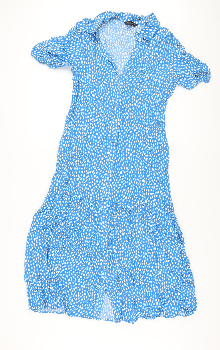 Marks and Spencer Womens Blue Geometric Viscose A-Line Size 8 Collared Button