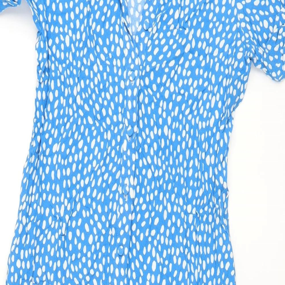 Marks and Spencer Womens Blue Geometric Viscose A-Line Size 8 Collared Button