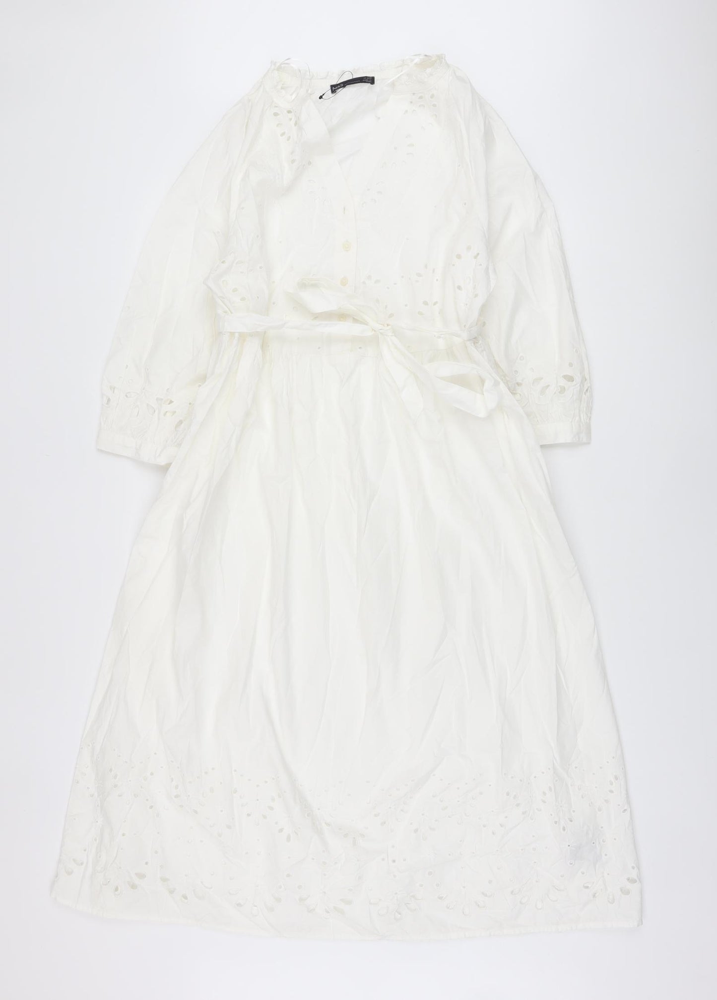Marks and Spencer Womens White Cotton A-Line Size 14 V-Neck Button