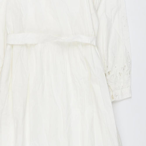 Marks and Spencer Womens White Cotton A-Line Size 14 V-Neck Button