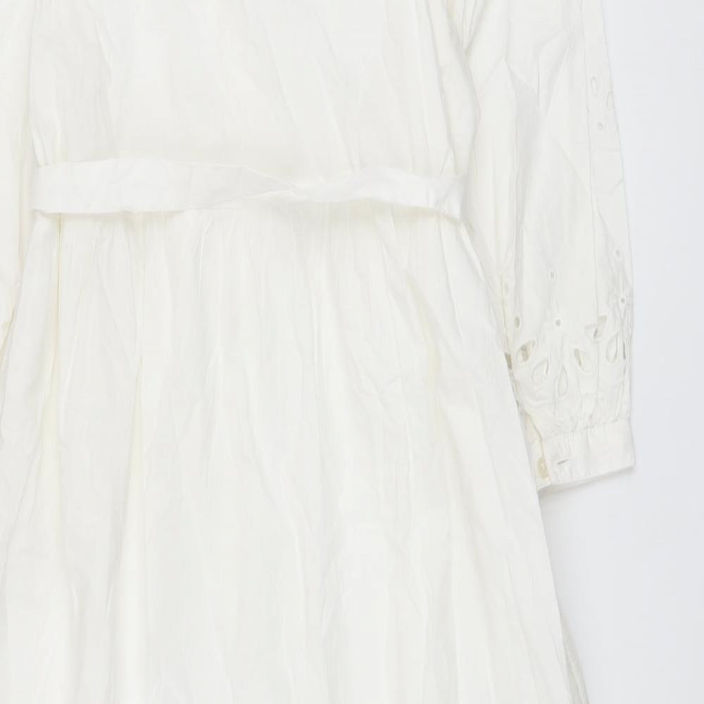 Marks and Spencer Womens White Cotton A-Line Size 14 V-Neck Button