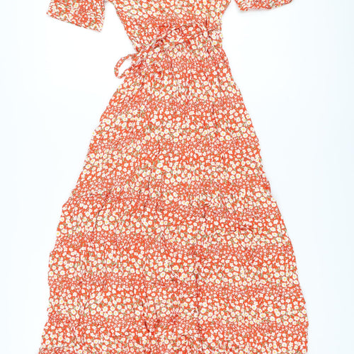 Marks and Spencer Womens Red Floral Viscose Wrap Dress Size 6 V-Neck Tie