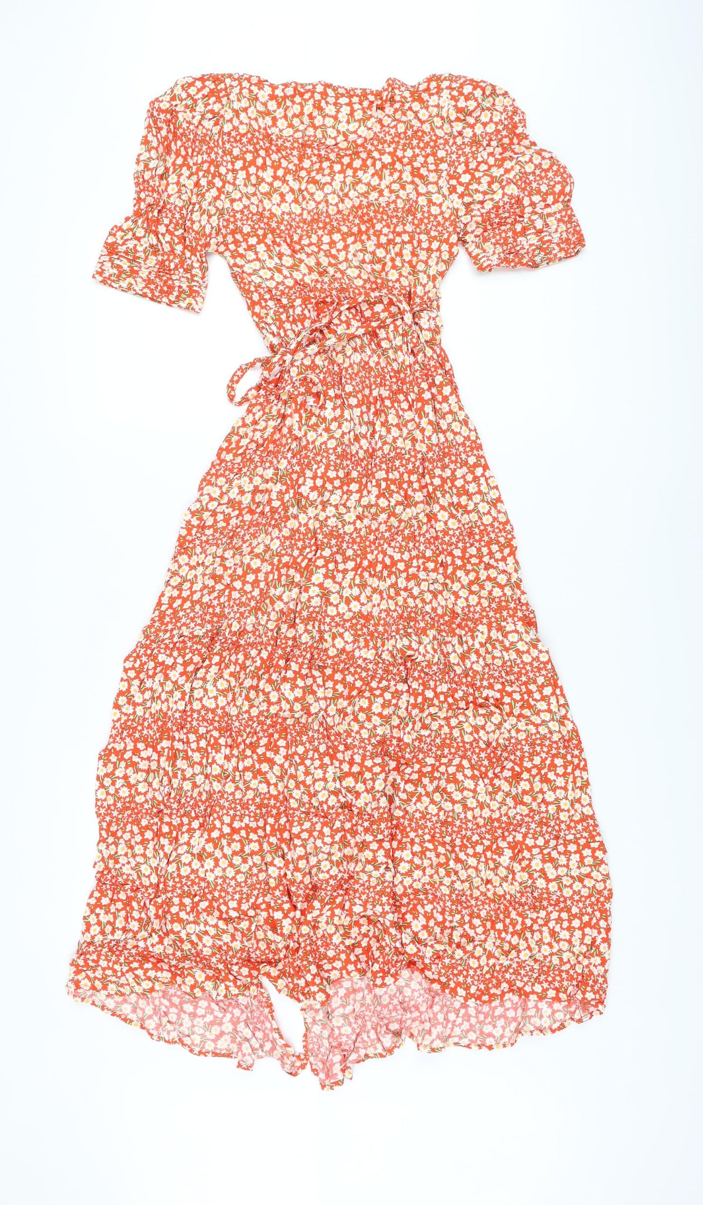 Marks and Spencer Womens Red Floral Viscose Wrap Dress Size 6 V-Neck Tie