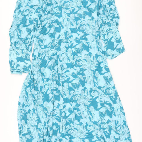 Autograph Womens Blue Floral Cupro A-Line Size 22 Round Neck Button