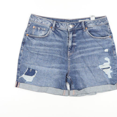Marks and Spencer Womens Blue Cotton Boyfriend Shorts Size 14 L5 in Regular Button