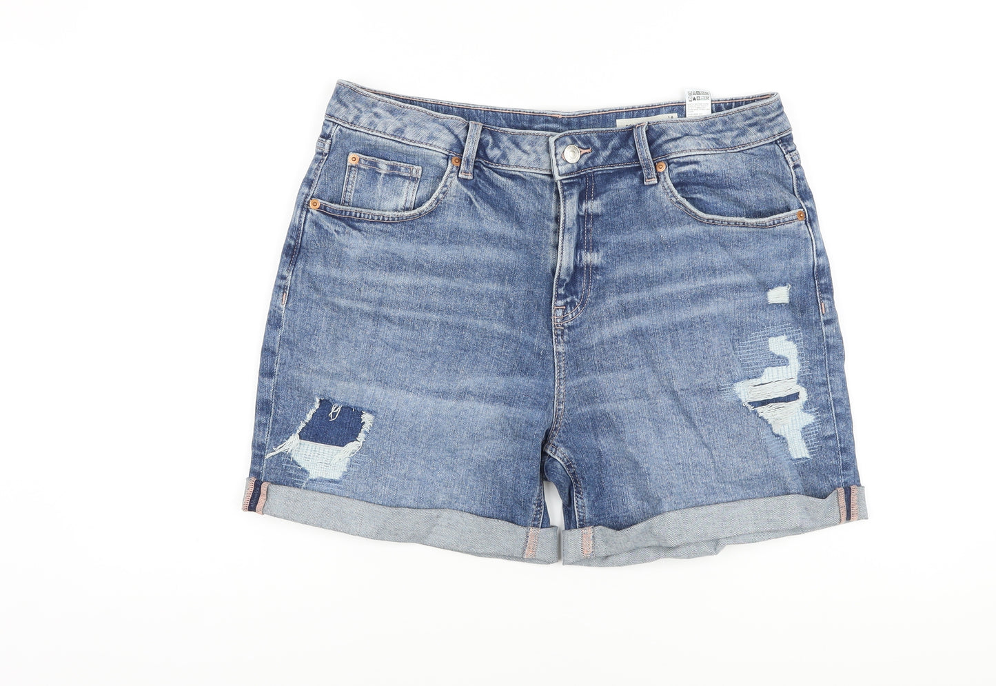 Marks and Spencer Womens Blue Cotton Boyfriend Shorts Size 14 L5 in Regular Button