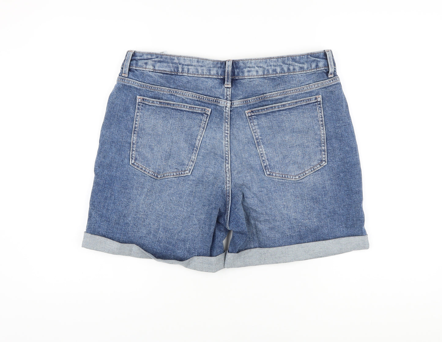Marks and Spencer Womens Blue Cotton Boyfriend Shorts Size 14 L5 in Regular Button