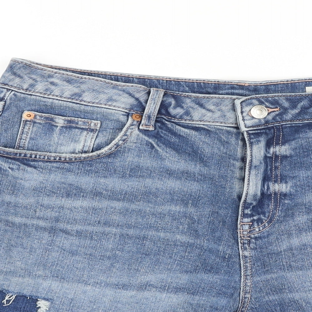 Marks and Spencer Womens Blue Cotton Boyfriend Shorts Size 14 L5 in Regular Button