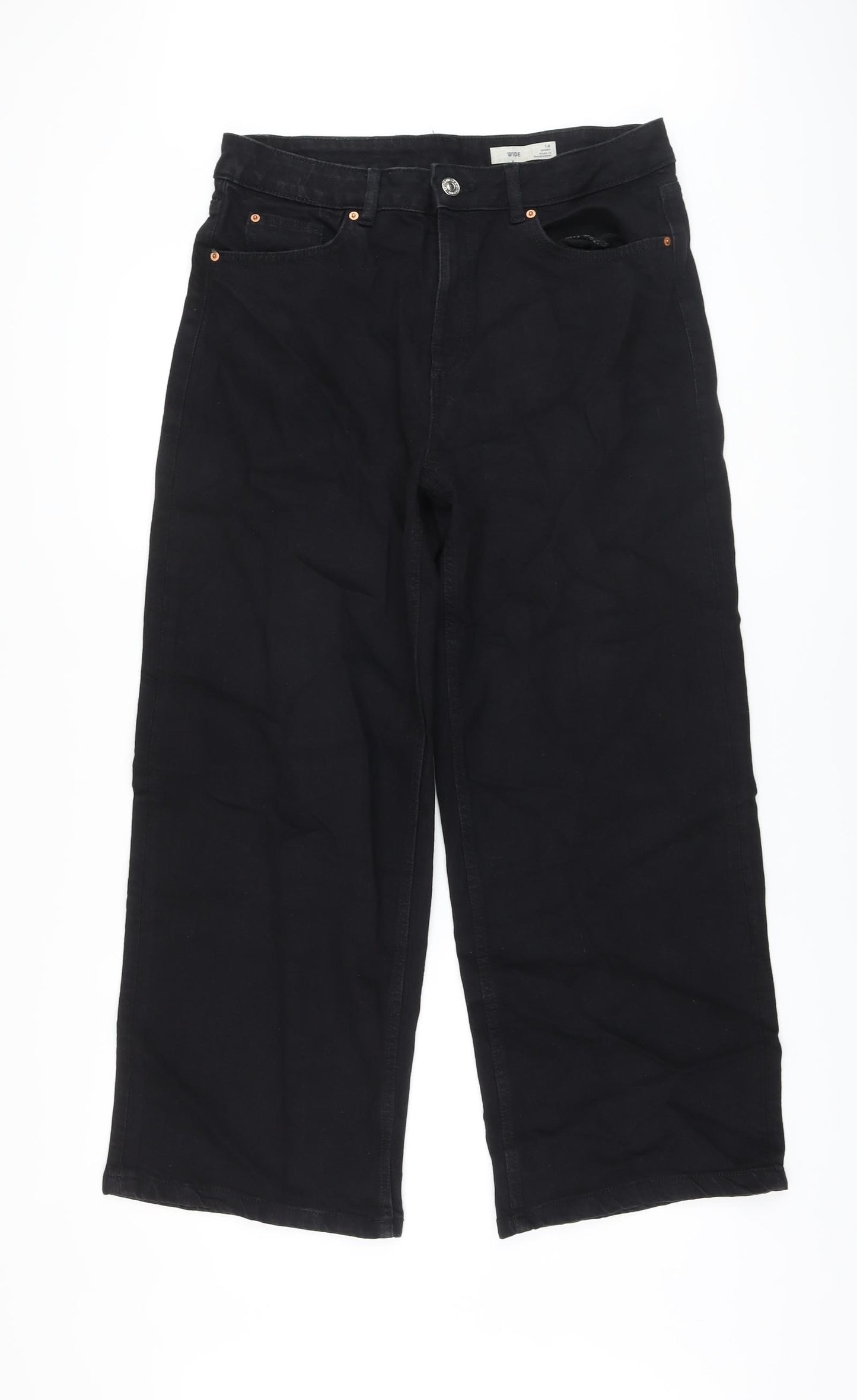 Marks and Spencer Womens Black Cotton Wide-Leg Jeans Size 14 L28 in Regular Button