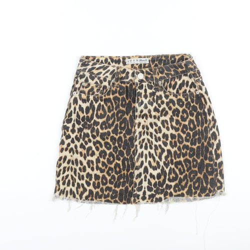 Denim & Co. Womens Beige Animal Print Cotton Mini Skirt Size 4 Button