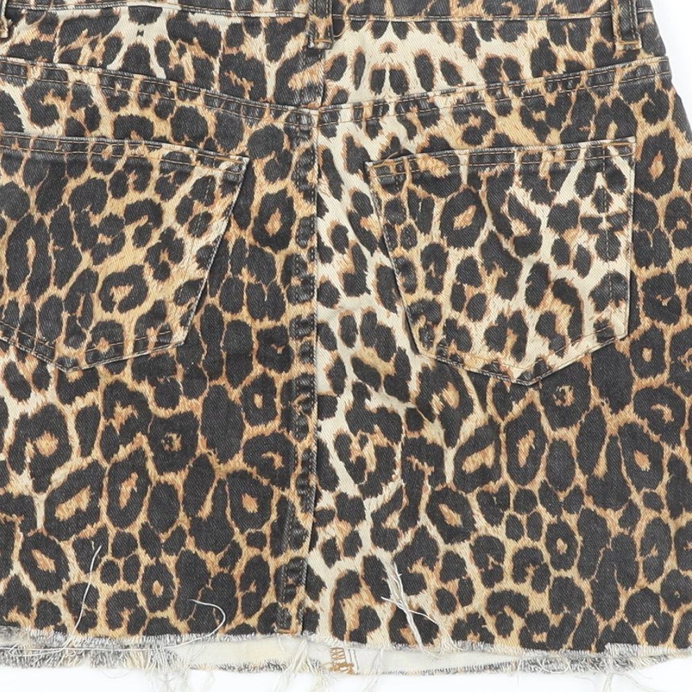Denim & Co. Womens Beige Animal Print Cotton Mini Skirt Size 4 Button