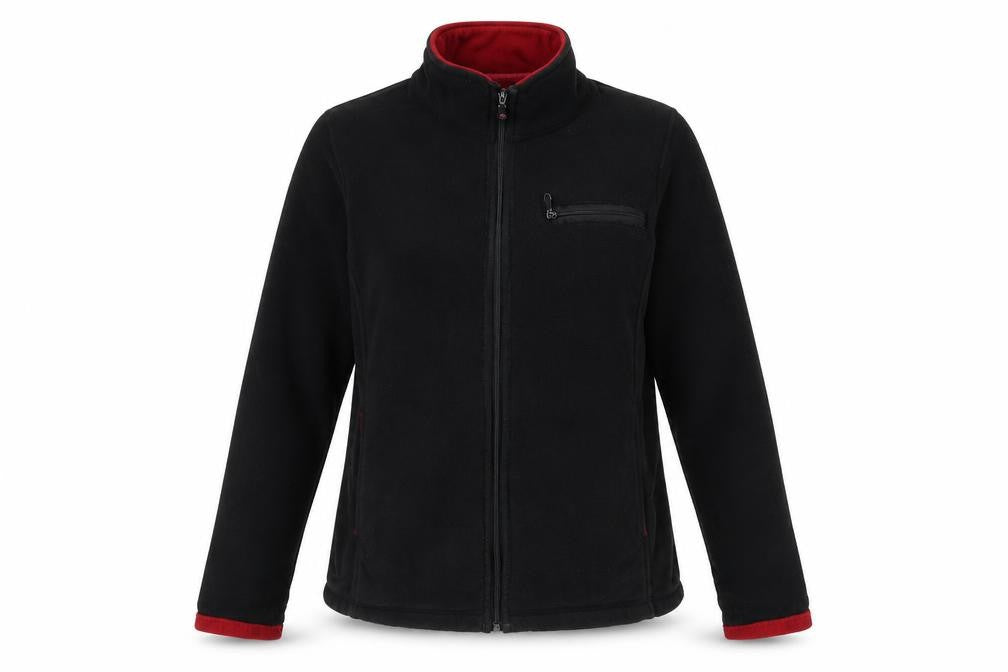 Front view of BC Clothing women’s black jacket, size M, zip