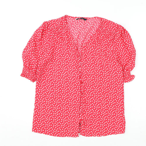 Marks and Spencer Womens Pink Polka Dot Polyester Basic Button-Up Size 8 V-Neck