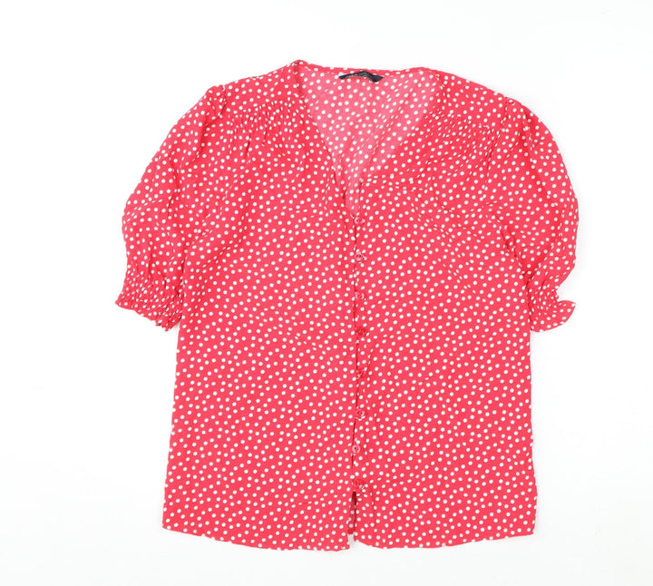 Marks and Spencer Womens Pink Polka Dot Polyester Basic Button-Up Size 8 V-Neck