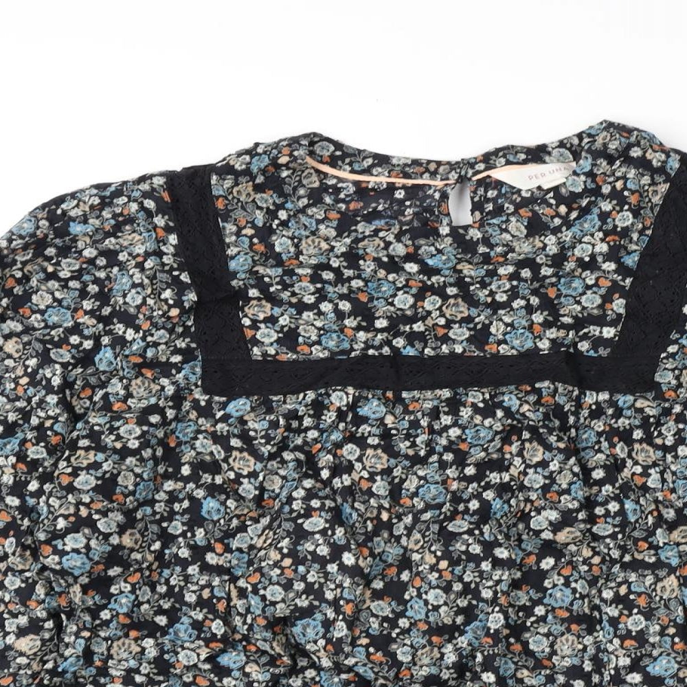 Per Una Womens Multicoloured Floral Cotton Basic Blouse Size 14 Round Neck - Lace Detail
