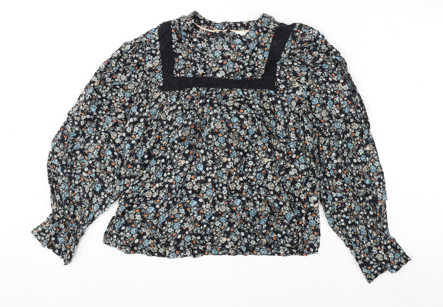 Per Una Womens Multicoloured Floral 100% Cotton Basic Blouse Size 10 Round Neck - Lace Detail