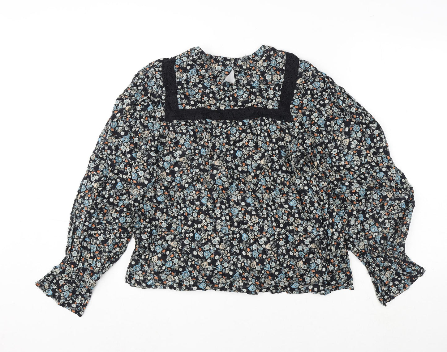 Per Una Womens Multicoloured Floral 100% Cotton Basic Blouse Size 10 Round Neck - Lace Detail