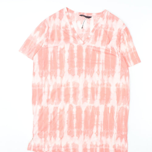 Marks and Spencer Womens Pink Geometric Polyester Basic T-Shirt Size 8 V-Neck - Tie Dye