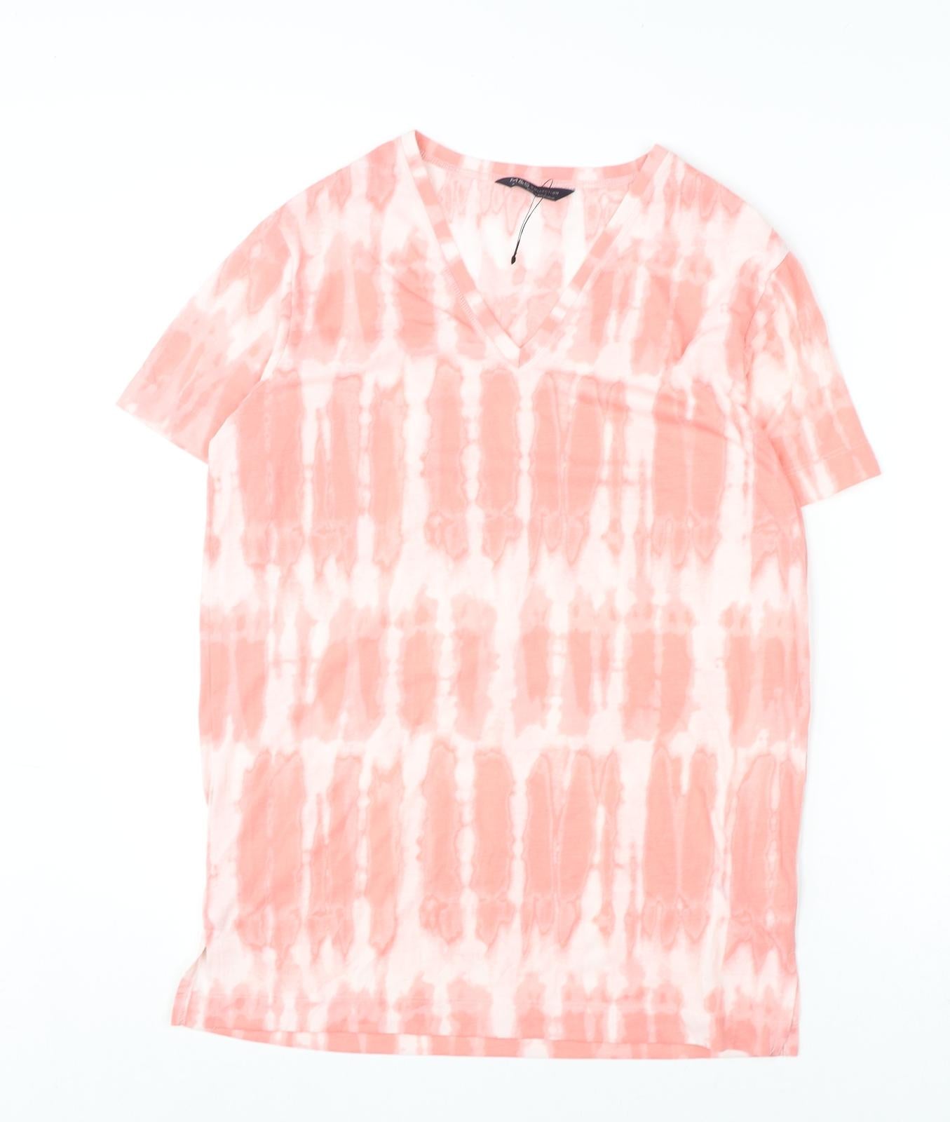 Marks and Spencer Womens Pink Geometric Polyester Basic T-Shirt Size 8 V-Neck - Tie Dye