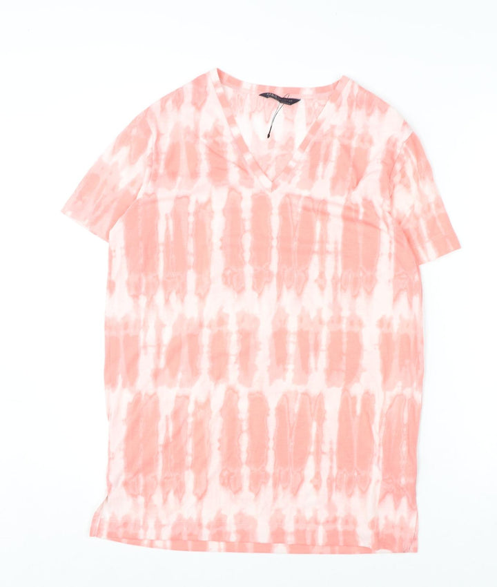 Marks and Spencer Womens Pink Geometric Polyester Basic T-Shirt Size 8 V-Neck - Tie Dye