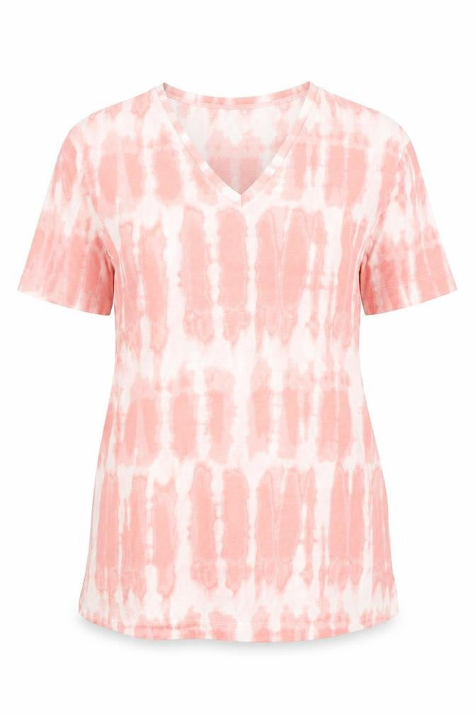 Front view of Marks & Spencer women’s pink geometric polyester basic t-shirt, size UK 8, v-neck - tie dye